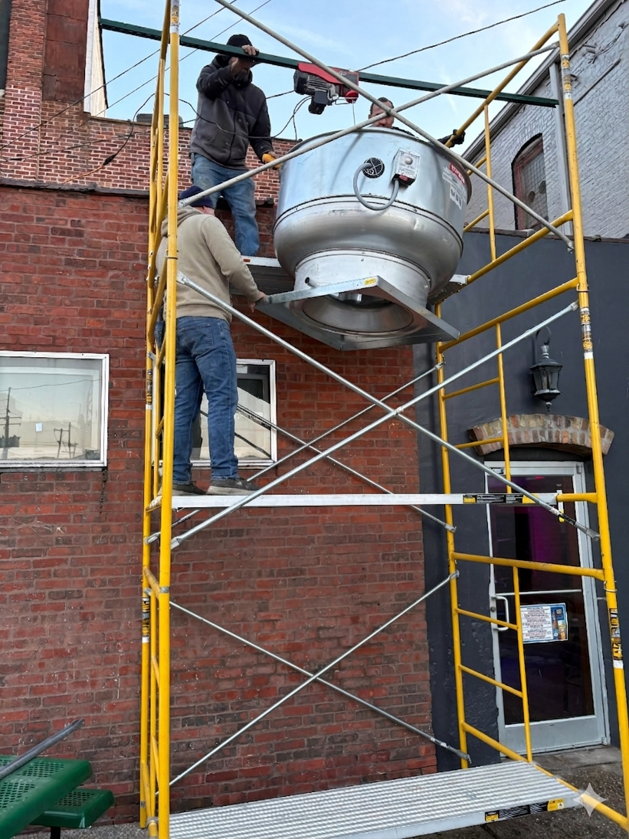 Commercial buildout with scaffolding in downtown Bloomington, IL